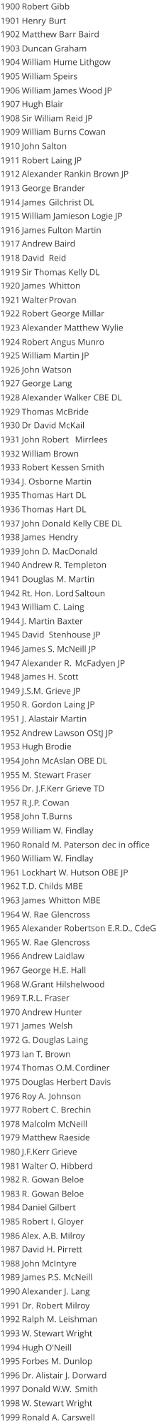 1900 Robert Gibb 1901 Henry Burt 1902 Matthew Barr Baird 1903 Duncan Graham 1904 William Hume Lithgow 1905 William Speirs 1906 William James Wood JP 1907 Hugh Blair 1908 Sir William Reid JP 1909 William Burns Cowan 1910 John Salton 1911 Robert Laing JP 1912 Alexander Rankin Brown JP 1913 George Brander 1914 James Gilchrist DL 1915 William Jamieson Logie JP 1916 James Fulton Martin 1917 Andrew Baird 1918 David Reid 1919 Sir Thomas Kelly DL 1920 James Whitton 1921 Walter Provan 1922 Robert George Millar 1923 Alexander Matthew Wylie 1924 Robert Angus Munro 1925 William Martin JP 1926 John Watson 1927 George Lang 1928 Alexander Walker CBE DL 1929 Thomas McBride 1930 Dr David McKail 1931 John Robert Mirrlees 1932 William Brown 1933 Robert Kessen Smith 1934 J. Osborne Martin 1935 Thomas Hart DL 1936 Thomas Hart DL 1937 John Donald Kelly CBE DL 1938 James Hendry 1939 John D. MacDonald 1940 Andrew R. Templeton 1941 Douglas M. Martin 1942 Rt. Hon. Lord Saltoun 1943 William C. Laing 1944 J. Martin Baxter 1945 David Stenhouse JP 1946 James S. McNeill JP 1947 Alexander R. McFadyen JP 1948 James H. Scott 1949 J.S.M. Grieve JP 1950 R. Gordon Laing JP 1951 J. Alastair Martin 1952 Andrew Lawson OStJ JP 1953 Hugh Brodie 1954 John McAslan OBE DL 1955 M. Stewart Fraser 1956 Dr. J.F.Kerr Grieve TD 1957 R.J.P. Cowan 1958 John T. Burns 1959 William W. Findlay 1960 Ronald M. Paterson dec in office 1960 William W. Findlay 1961 Lockhart W. Hutson OBE JP 1962 T.D. Childs MBE 1963 James Whitton MBE 1964 W. Rae  Glencross 1965 Alexander Robertson E.R.D., CdeG  1965 W. Rae  Glencross 1966 Andrew Laidlaw 1967 George H.E. Hall 1968 W.Grant Hilshelwood 1969 T.R.L. Fraser 1970 Andrew Hunter 1971 James Welsh 1972 G. Douglas Laing 1973 Ian T. Brown 1974 Thomas O.M. Cordiner 1975 Douglas Herbert Davis 1976 Roy A. Johnson 1977 Robert C. Brechin 1978 Malcolm McNeill 1979 Matthew Raeside 1980 J.F.Kerr Grieve 1981 Walter O. Hibberd 1982 R. Gowan Beloe 1983 R. Gowan Beloe 1984 Daniel Gilbert 1985 Robert I. Gloyer 1986 Alex. A.B. Milroy 1987 David H. Pirrett 1988 John McIntyre 1989 James P.S. McNeill 1990 Alexander J. Lang 1991 Dr. Robert Milroy 1992 Ralph M. Leishman 1993 W. Stewart Wright 1994 Hugh O'Neill 1995 Forbes M. Dunlop 1996 Dr. Alistair J. Dorward 1997 Donald W.W. Smith 1998 W. Stewart Wright 1999 Ronald A. Carswell
