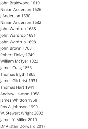 John Braidwood 1619 Ninian Anderson 1626 J Anderson 1630 Ninian Anderson 1632 John Wardrup 1688 John Wardrop 1691 John Wardrup 1698 John Brown 1708 Robert Finlay 1749 William McTyer 1823 James Craig 1853 Thomas Blyth 1865 James Gilchrist 1931 Thomas Hart 1941 Andrew Lawson 1958 James Whitton 1968 Roy A. Johnson 1990 W. Stewart Wright 2002 James Y. Miller 2010 Dr Alistair Dorward 2017